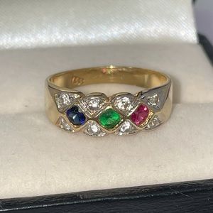 Solid 14K Yellow Gold Red Ruby Blue Sapphire Green Emerald Faux Gems Band Ring